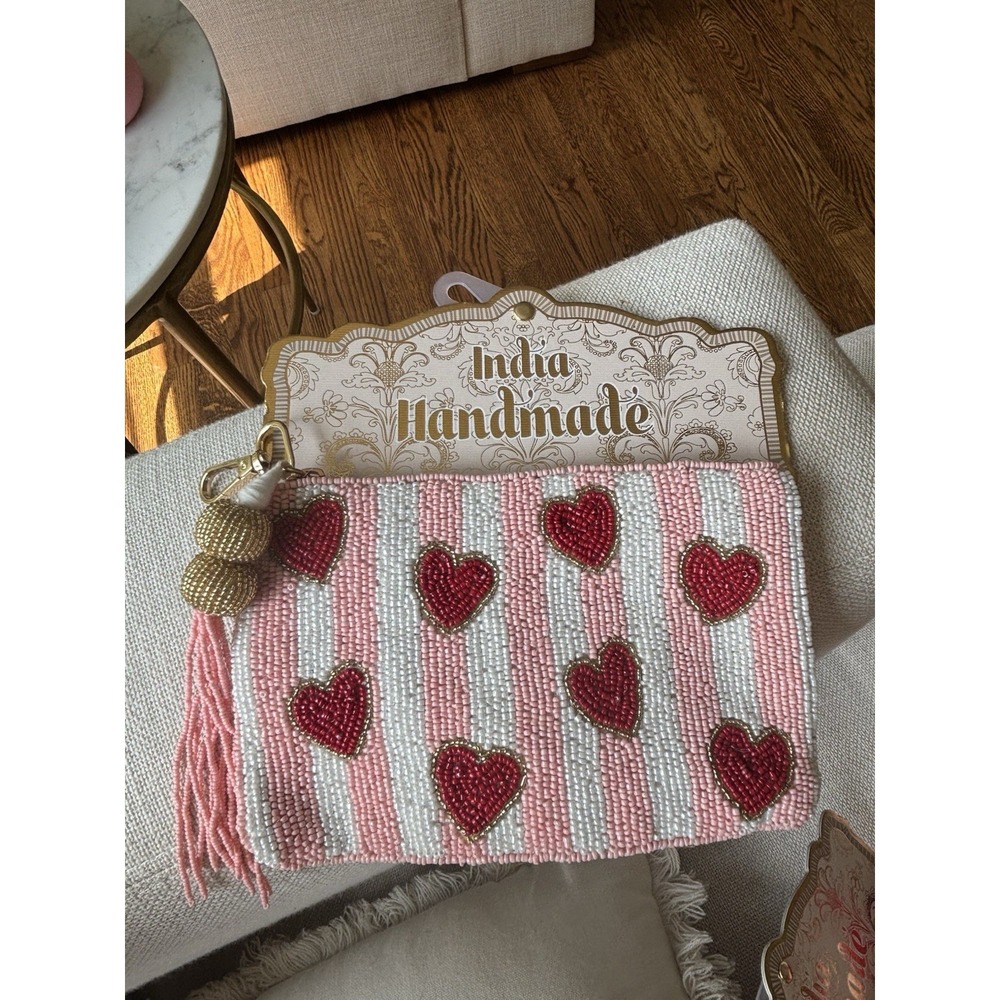 Handmade Beaded Wristlet Pouch Pink White Striped Hearts NWT